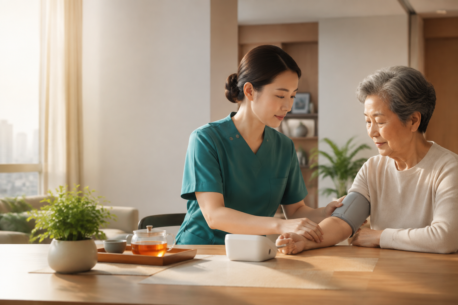 居家照护服务人员陪伴长者进行日常健康关怀